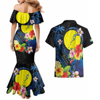 Palau Independence Day Couples Matching Mermaid Dress and Hawaiian Shirt Melanesian Tattoo with Hibiscus