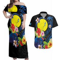 Palau Independence Day Couples Matching Off Shoulder Maxi Dress and Hawaiian Shirt Melanesian Tattoo with Hibiscus