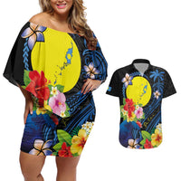 Palau Independence Day Couples Matching Off Shoulder Short Dress and Hawaiian Shirt Melanesian Tattoo with Hibiscus