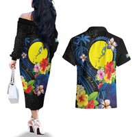 Palau Independence Day Couples Matching Off The Shoulder Long Sleeve Dress and Hawaiian Shirt Melanesian Tattoo with Hibiscus