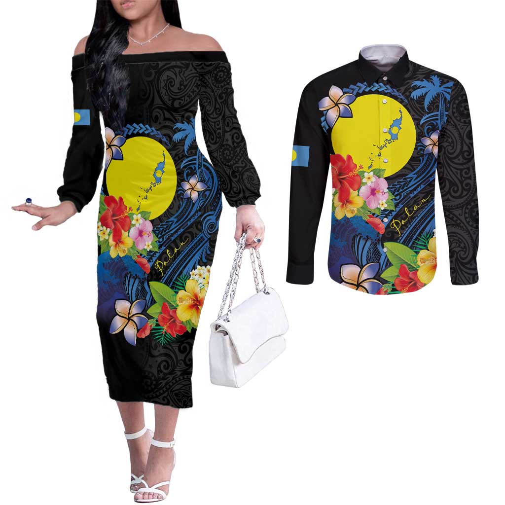 Palau Independence Day Couples Matching Off The Shoulder Long Sleeve Dress and Long Sleeve Button Shirt Melanesian Tattoo with Hibiscus
