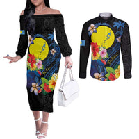Palau Independence Day Couples Matching Off The Shoulder Long Sleeve Dress and Long Sleeve Button Shirt Melanesian Tattoo with Hibiscus