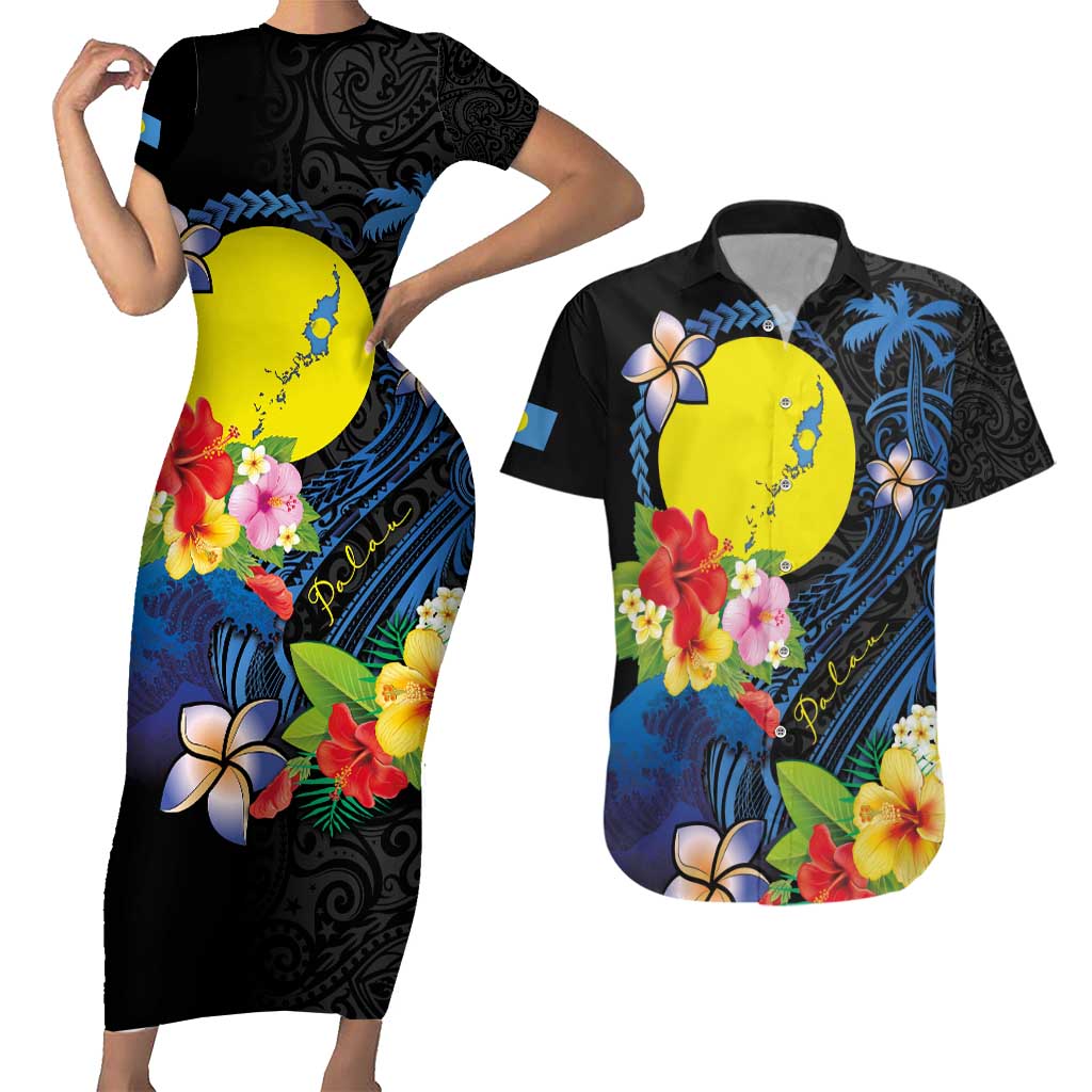 Palau Independence Day Couples Matching Short Sleeve Bodycon Dress and Hawaiian Shirt Melanesian Tattoo with Hibiscus