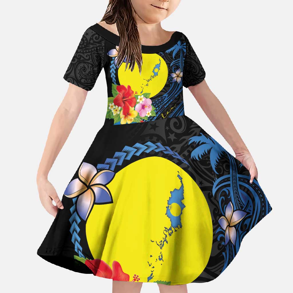 Palau Independence Day Family Matching Off Shoulder Maxi Dress and Hawaiian Shirt Melanesian Tattoo with Hibiscus