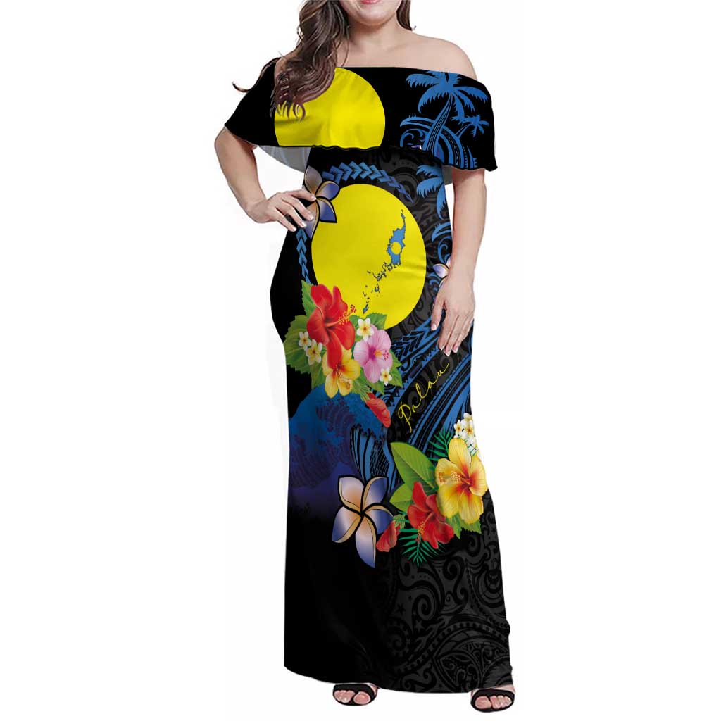 Palau Independence Day Family Matching Off Shoulder Maxi Dress and Hawaiian Shirt Melanesian Tattoo with Hibiscus