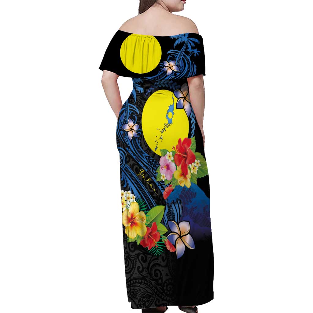 Palau Independence Day Family Matching Off Shoulder Maxi Dress and Hawaiian Shirt Melanesian Tattoo with Hibiscus