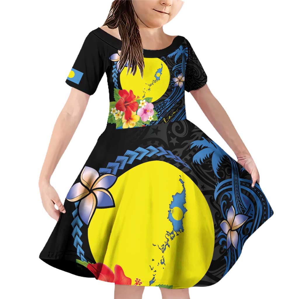 Palau Independence Day Family Matching Off Shoulder Short Dress and Hawaiian Shirt Melanesian Tattoo with Hibiscus