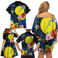 Palau Independence Day Family Matching Off Shoulder Short Dress and Hawaiian Shirt Melanesian Tattoo with Hibiscus