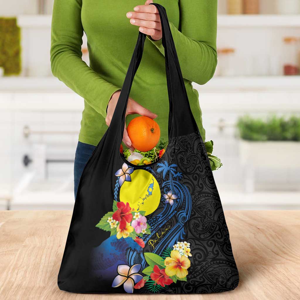 Palau Independence Day Grocery Bag Melanesian Tattoo with Hibiscus
