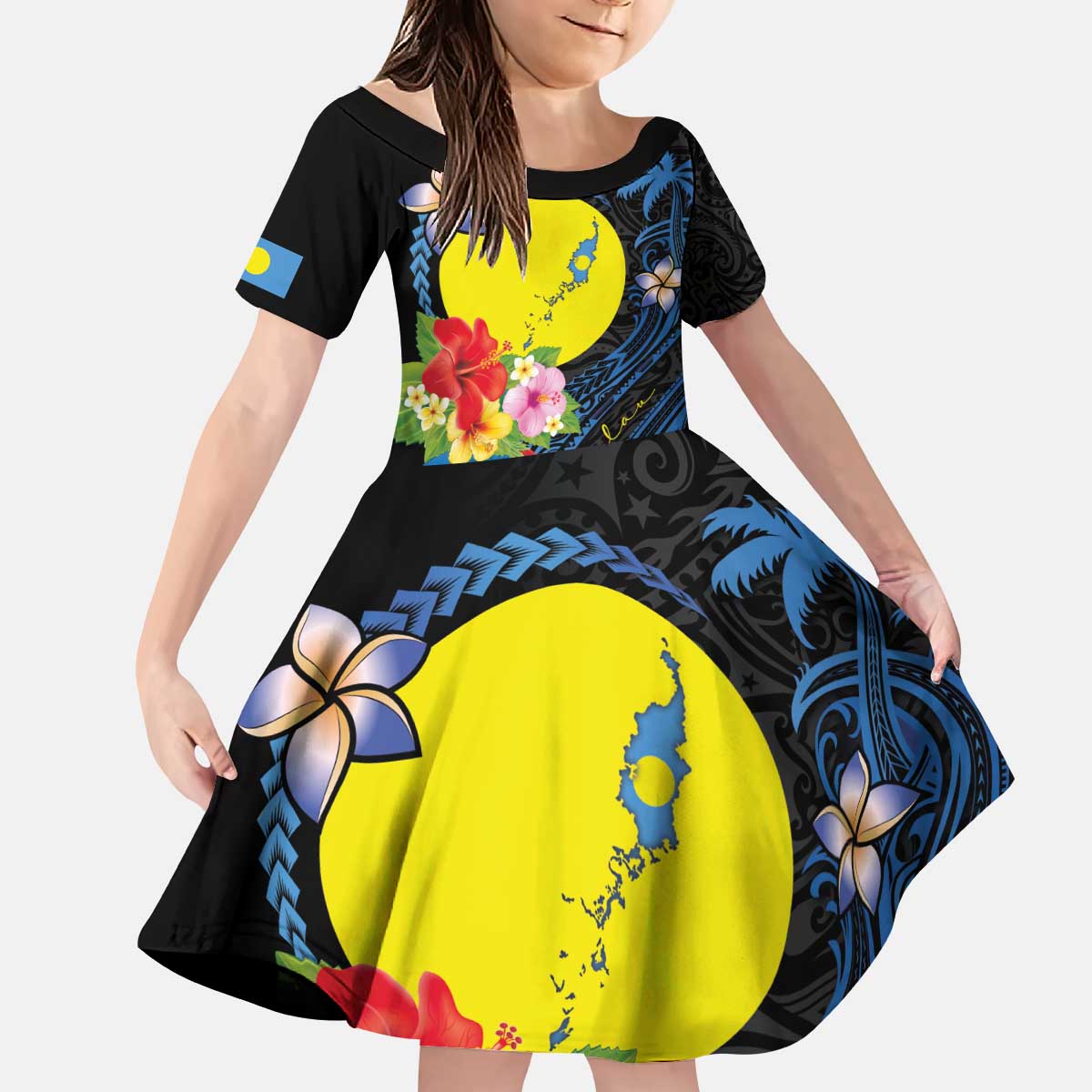 Palau Independence Day Kid Short Sleeve Dress Melanesian Tattoo with Hibiscus