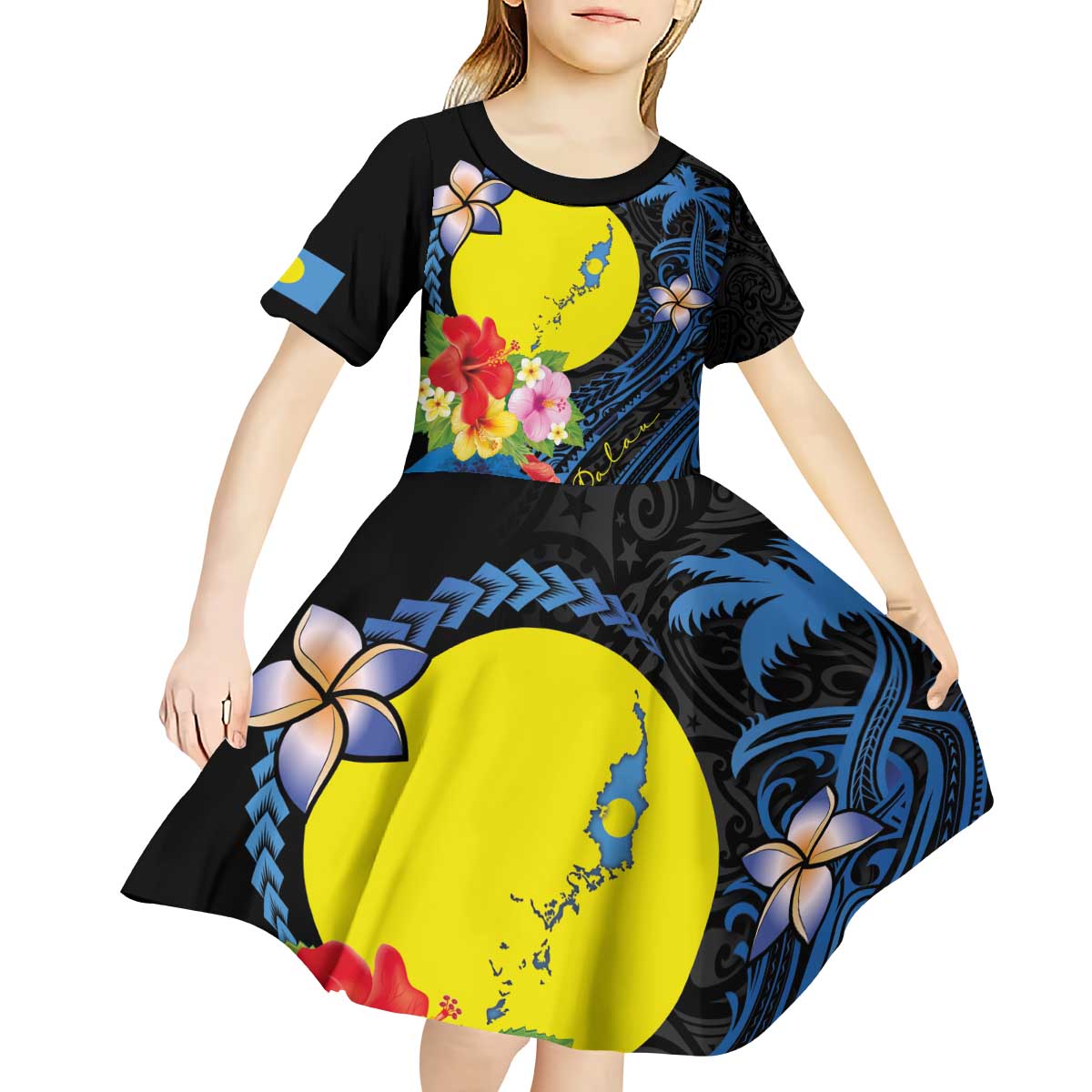 Palau Independence Day Kid Short Sleeve Dress Melanesian Tattoo with Hibiscus