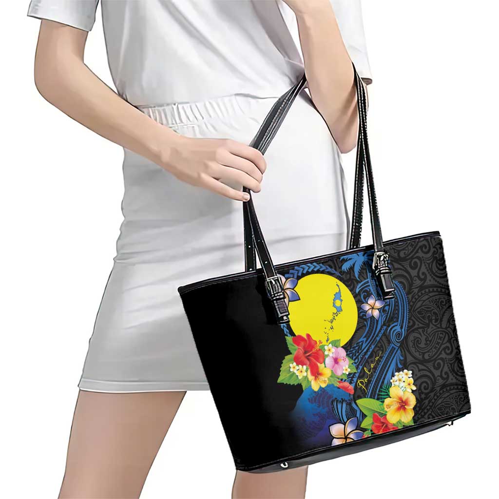 Palau Independence Day Leather Tote Bag Melanesian Tattoo with Hibiscus