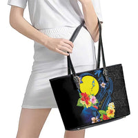 Palau Independence Day Leather Tote Bag Melanesian Tattoo with Hibiscus