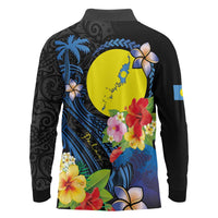Palau Independence Day Long Sleeve Polo Shirt Melanesian Tattoo with Hibiscus