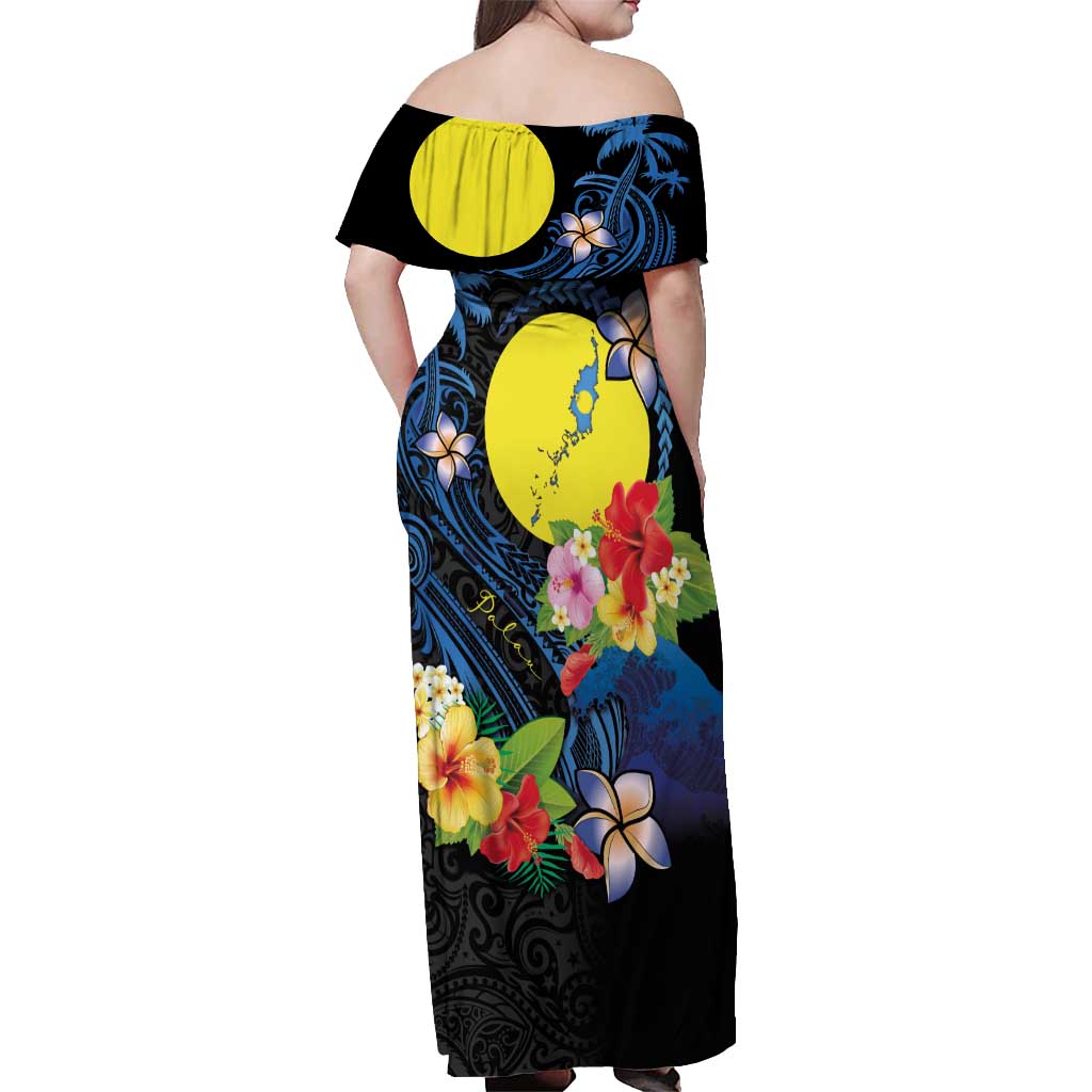 Palau Independence Day Off Shoulder Maxi Dress Melanesian Tattoo with Hibiscus