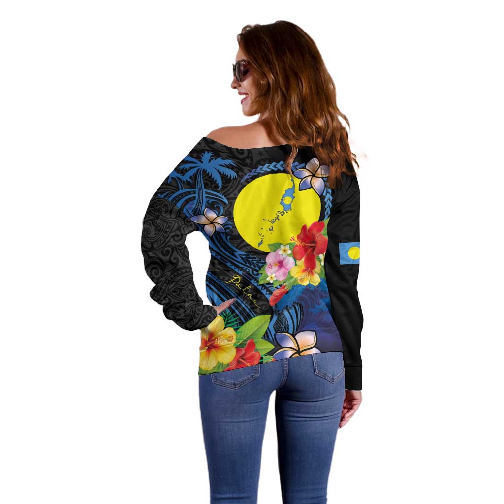 Palau Independence Day Off Shoulder Sweater Melanesian Tattoo with Hibiscus