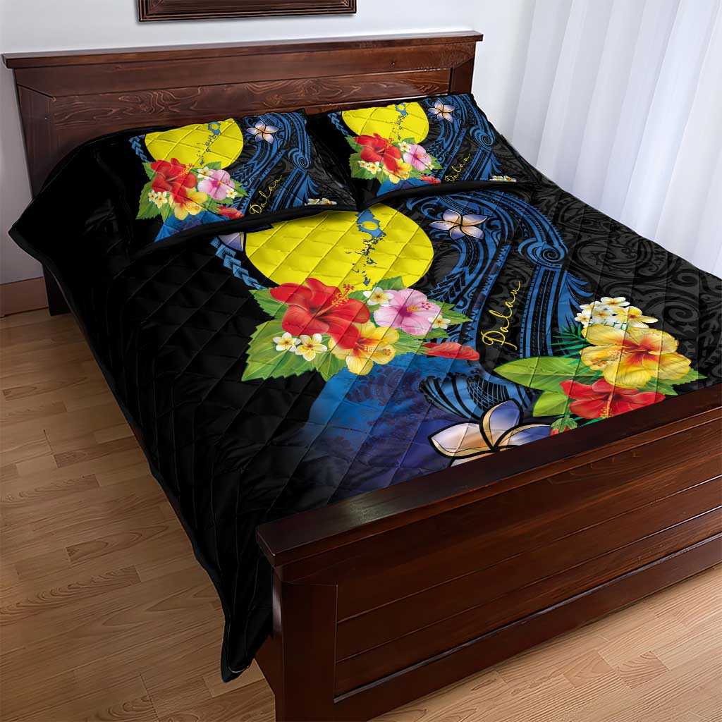 Palau Independence Day Quilt Bed Set Melanesian Tattoo with Hibiscus