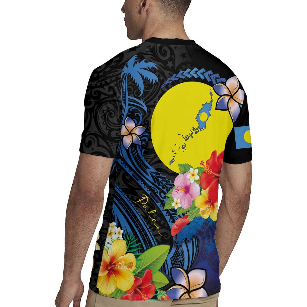 Palau Independence Day Rugby Jersey Melanesian Tattoo with Hibiscus