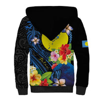 Palau Independence Day Sherpa Hoodie Melanesian Tattoo with Hibiscus