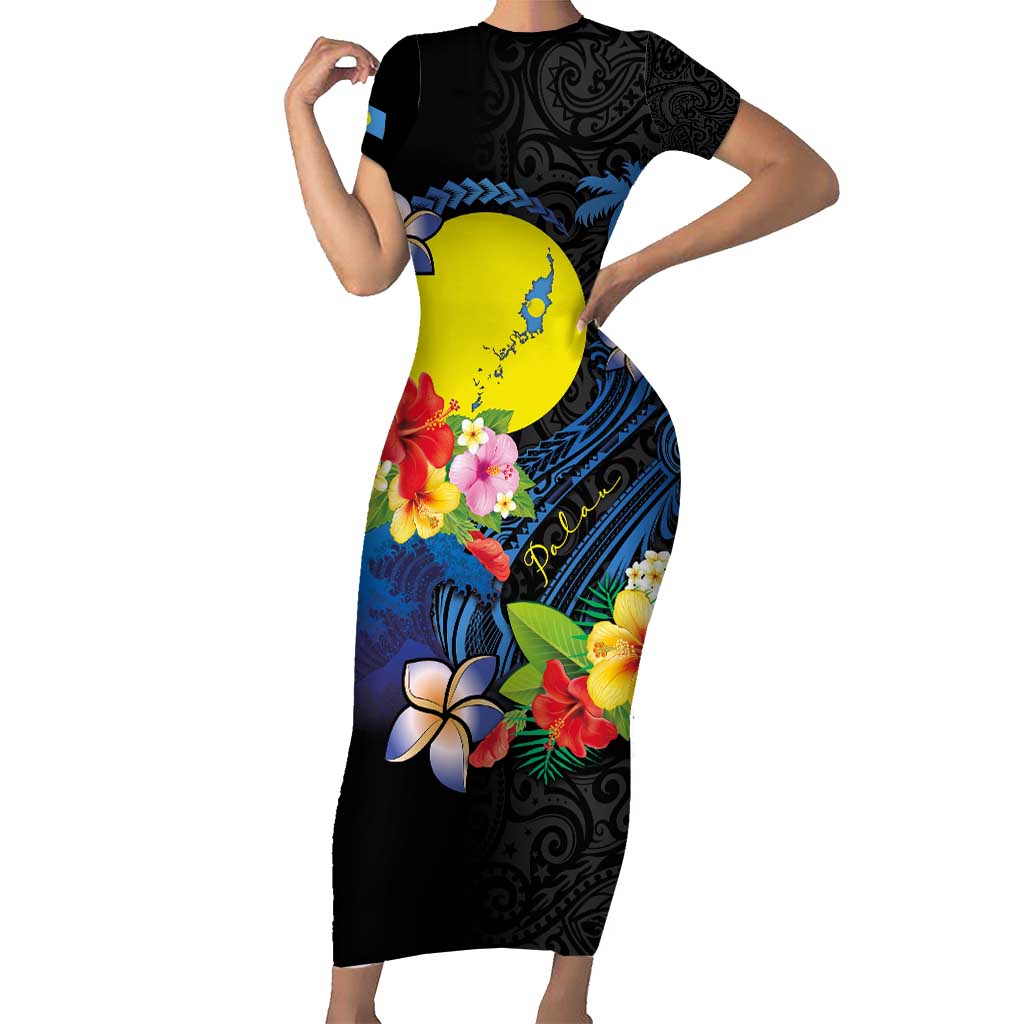 Palau Independence Day Short Sleeve Bodycon Dress Melanesian Tattoo with Hibiscus