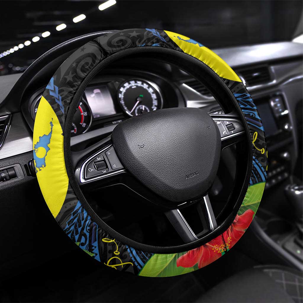Palau Independence Day Steering Wheel Cover Melanesian Tattoo with Hibiscus