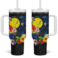 Palau Independence Day Tumbler With Handle Melanesian Tattoo with Hibiscus
