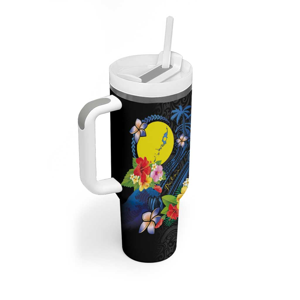 Palau Independence Day Tumbler With Handle Melanesian Tattoo with Hibiscus