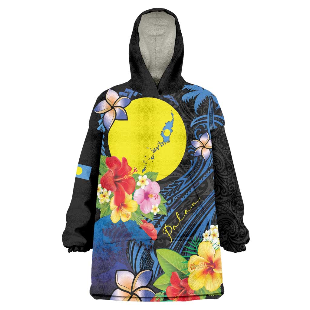 Palau Independence Day Wearable Blanket Hoodie Melanesian Tattoo with Hibiscus