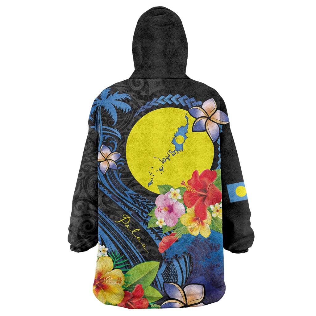 Palau Independence Day Wearable Blanket Hoodie Melanesian Tattoo with Hibiscus