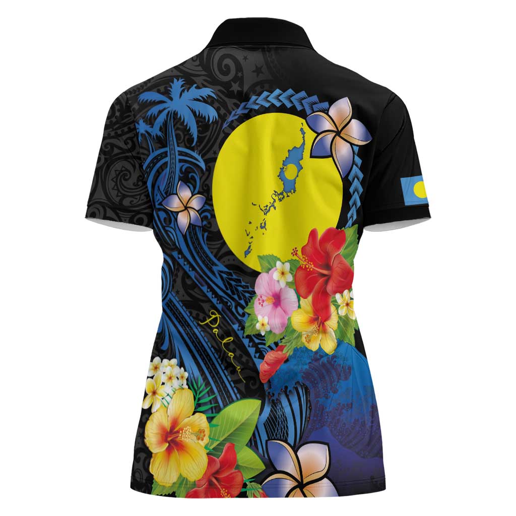 Palau Independence Day Women Polo Shirt Melanesian Tattoo with Hibiscus