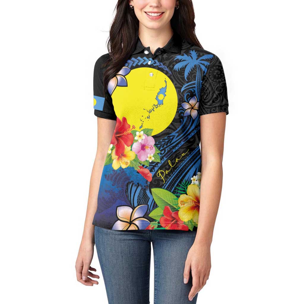 Palau Independence Day Women Polo Shirt Melanesian Tattoo with Hibiscus