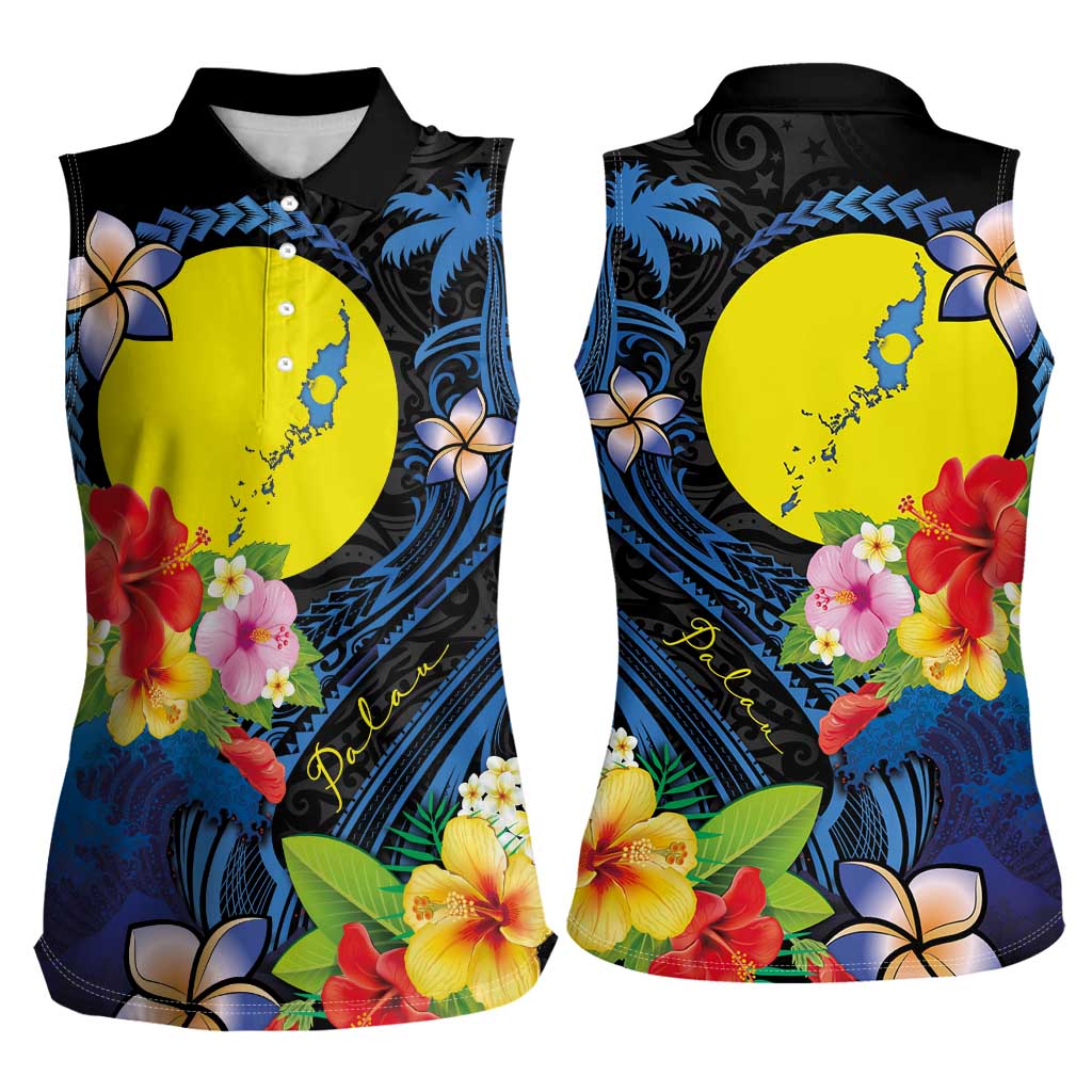 Palau Independence Day Women Sleeveless Polo Shirt Melanesian Tattoo with Hibiscus