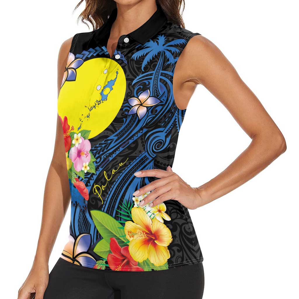 Palau Independence Day Women Sleeveless Polo Shirt Melanesian Tattoo with Hibiscus