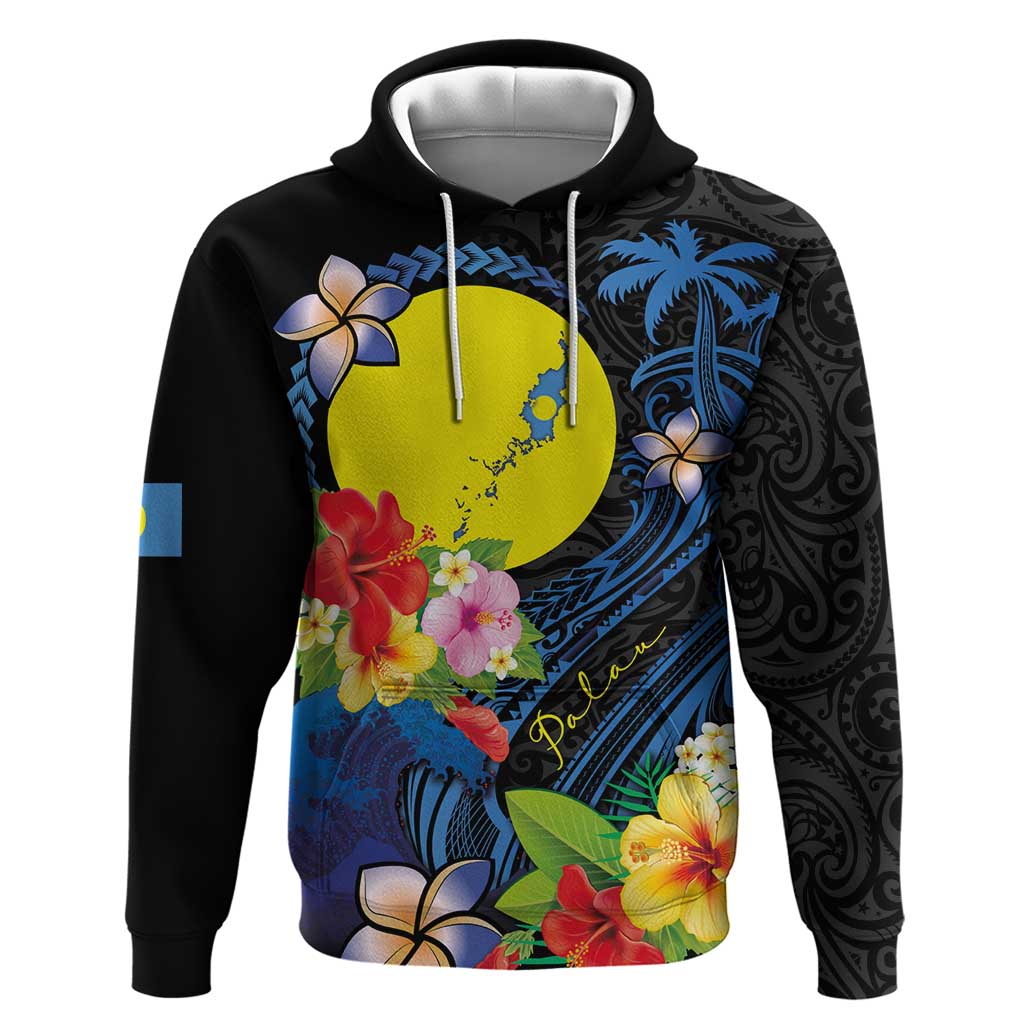 Palau Independence Day Zip Hoodie Melanesian Tattoo with Hibiscus
