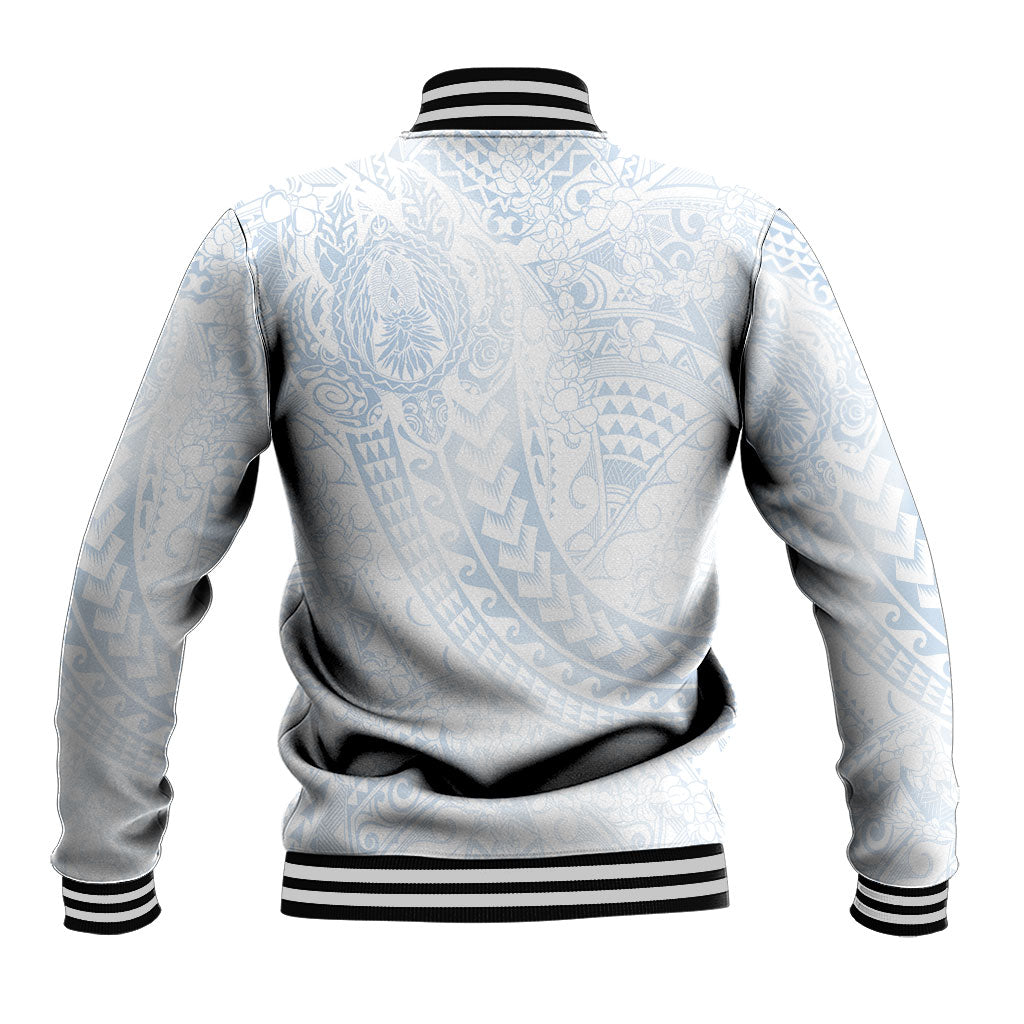 Hawaiian Turtles and Leis Baseball Jacket Tribal Kakau Pattern Airy White Blue Cloud Vibe