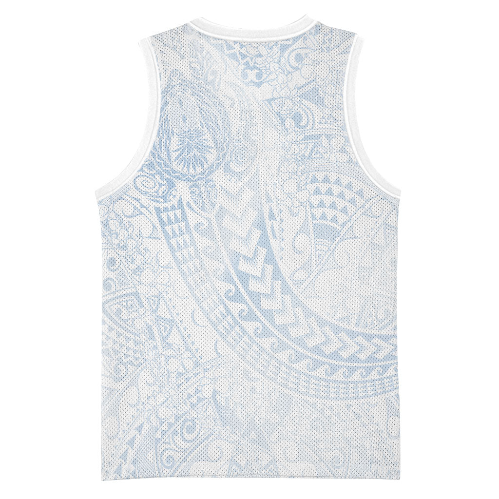 Hawaiian Turtles and Leis Basketball Jersey Tribal Kakau Pattern Airy White Blue Cloud Vibe