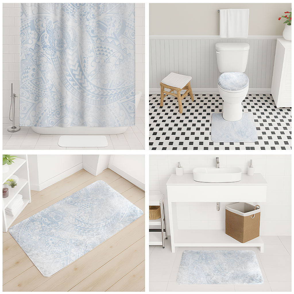 Hawaiian Turtles and Leis Bathroom Set Tribal Kakau Pattern Airy White Blue Cloud Vibe