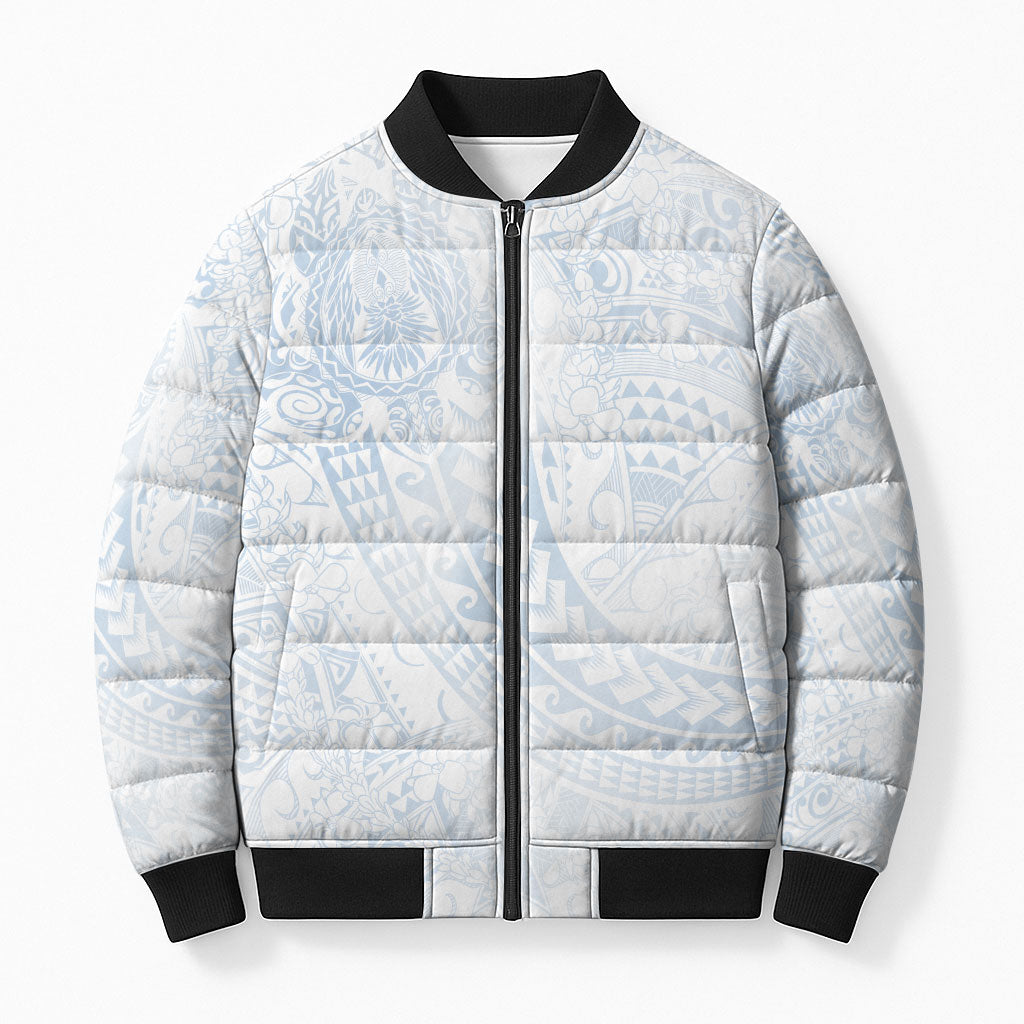 Hawaiian Turtles and Leis Bomber Puffer Jacket Tribal Kakau Pattern Airy White Blue Cloud Vibe