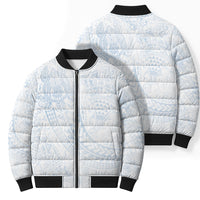 Hawaiian Turtles and Leis Bomber Puffer Jacket Tribal Kakau Pattern Airy White Blue Cloud Vibe