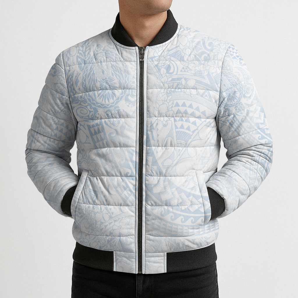 Hawaiian Turtles and Leis Bomber Puffer Jacket Tribal Kakau Pattern Airy White Blue Cloud Vibe