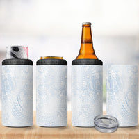 Hawaiian Turtles and Leis 4 in 1 Can Cooler Tumbler Tribal Kakau Pattern Airy White Blue Cloud Vibe
