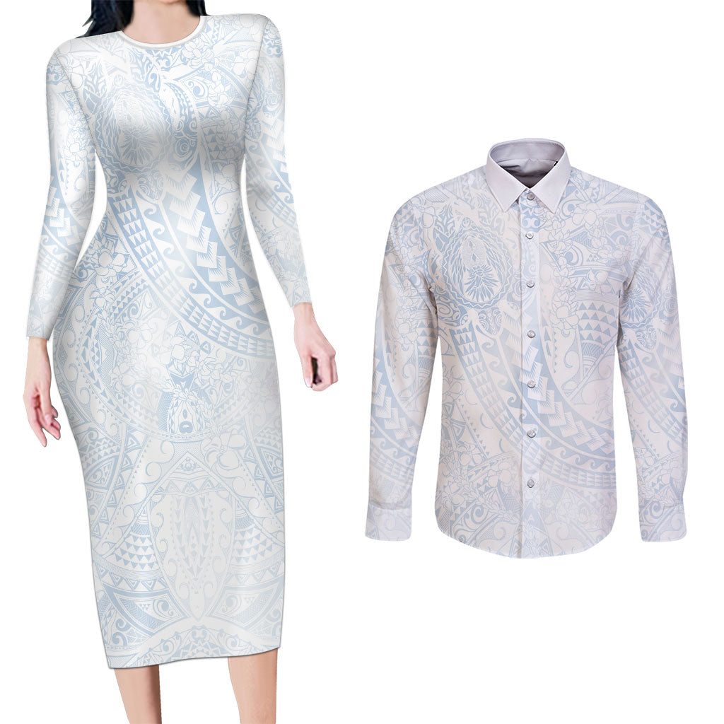 Hawaiian Turtles and Leis Couples Matching Long Sleeve Bodycon Dress and Long Sleeve Button Shirt Tribal Kakau Pattern Airy White Blue Cloud Vibe