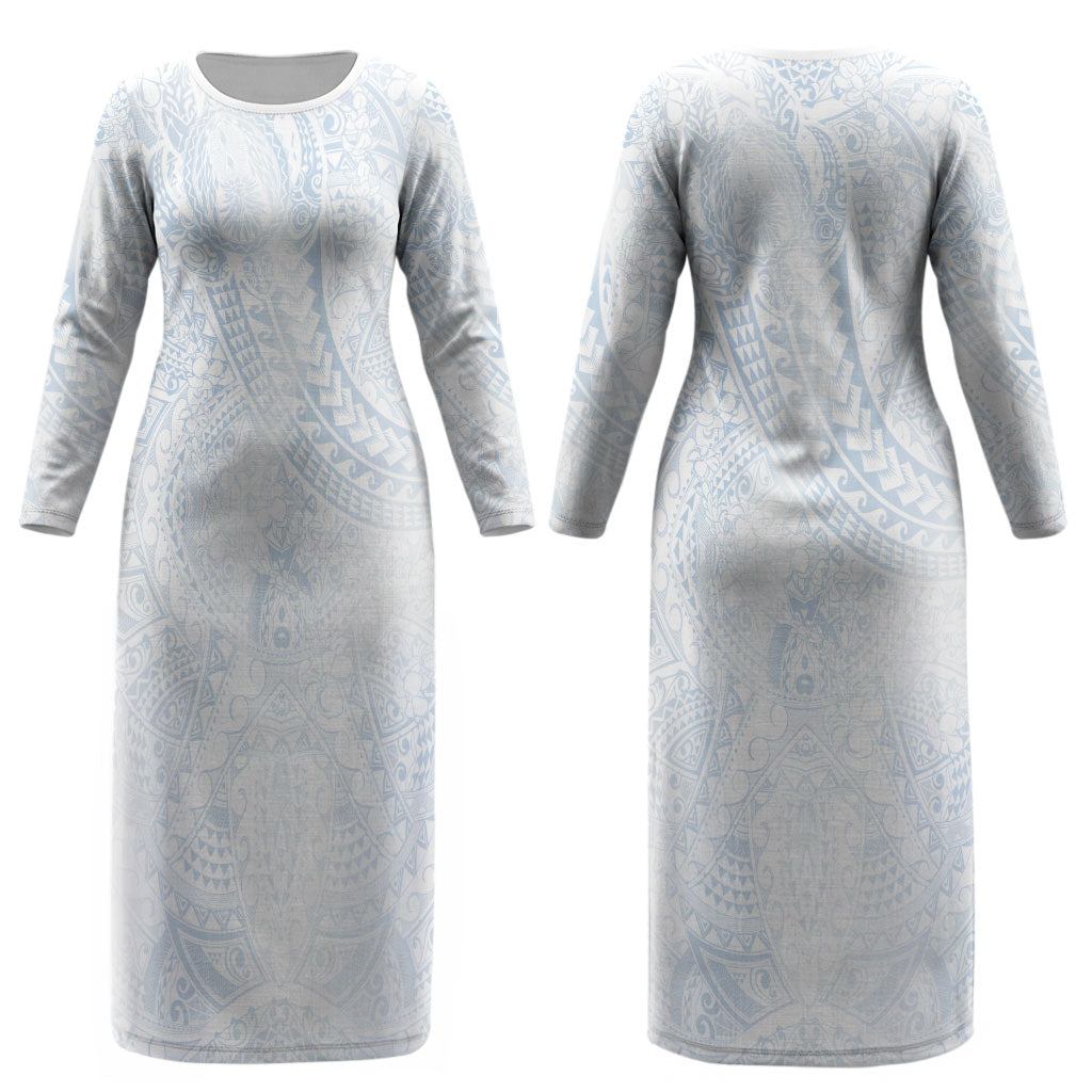 Hawaiian Turtles and Leis Couples Matching Long Sleeve Bodycon Dress and Long Sleeve Button Shirt Tribal Kakau Pattern Airy White Blue Cloud Vibe LT03 - Polynesian Pride
