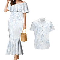 Hawaiian Turtles and Leis Couples Matching Mermaid Dress and Hawaiian Shirt Tribal Kakau Pattern Airy White Blue Cloud Vibe