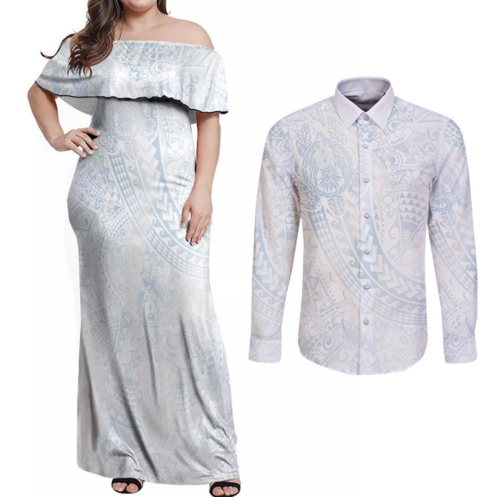 Hawaiian Turtles and Leis Couples Matching Off Shoulder Maxi Dress and Long Sleeve Button Shirt Tribal Kakau Pattern Airy White Blue Cloud Vibe