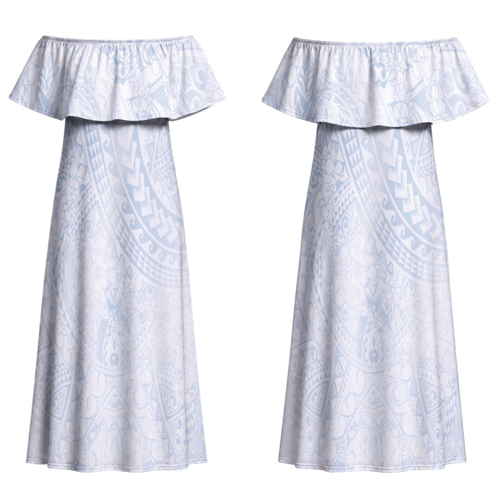 Hawaiian Turtles and Leis Couples Matching Off Shoulder Maxi Dress and Long Sleeve Button Shirt Tribal Kakau Pattern Airy White Blue Cloud Vibe LT03 - Polynesian Pride
