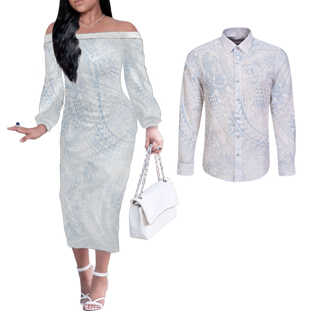 Hawaiian Turtles and Leis Couples Matching Off The Shoulder Long Sleeve Dress and Long Sleeve Button Shirt Tribal Kakau Pattern Airy White Blue Cloud Vibe