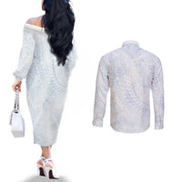 Hawaiian Turtles and Leis Couples Matching Off The Shoulder Long Sleeve Dress and Long Sleeve Button Shirt Tribal Kakau Pattern Airy White Blue Cloud Vibe