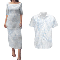 Hawaiian Turtles and Leis Couples Matching Puletasi and Hawaiian Shirt Tribal Kakau Pattern Airy White Blue Cloud Vibe