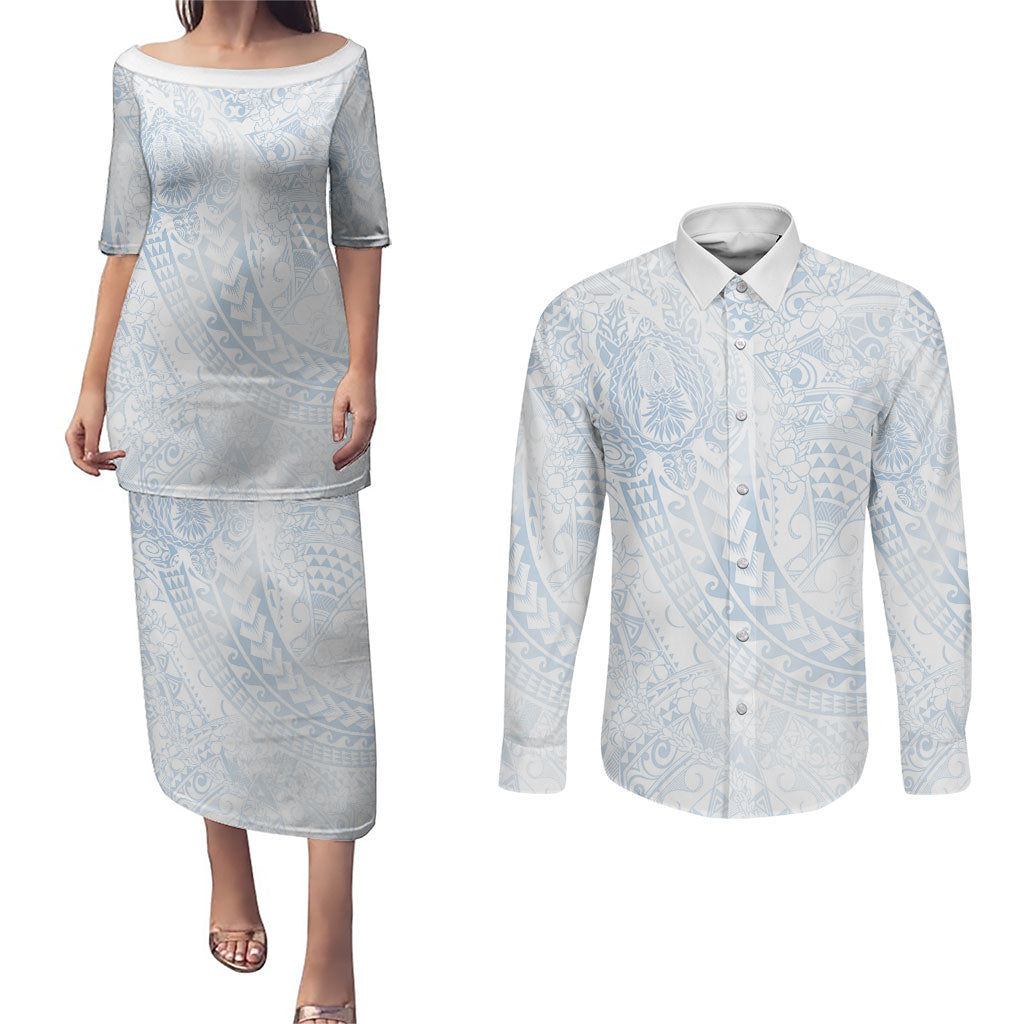 Hawaiian Turtles and Leis Couples Matching Puletasi and Long Sleeve Button Shirt Tribal Kakau Pattern Airy White Blue Cloud Vibe